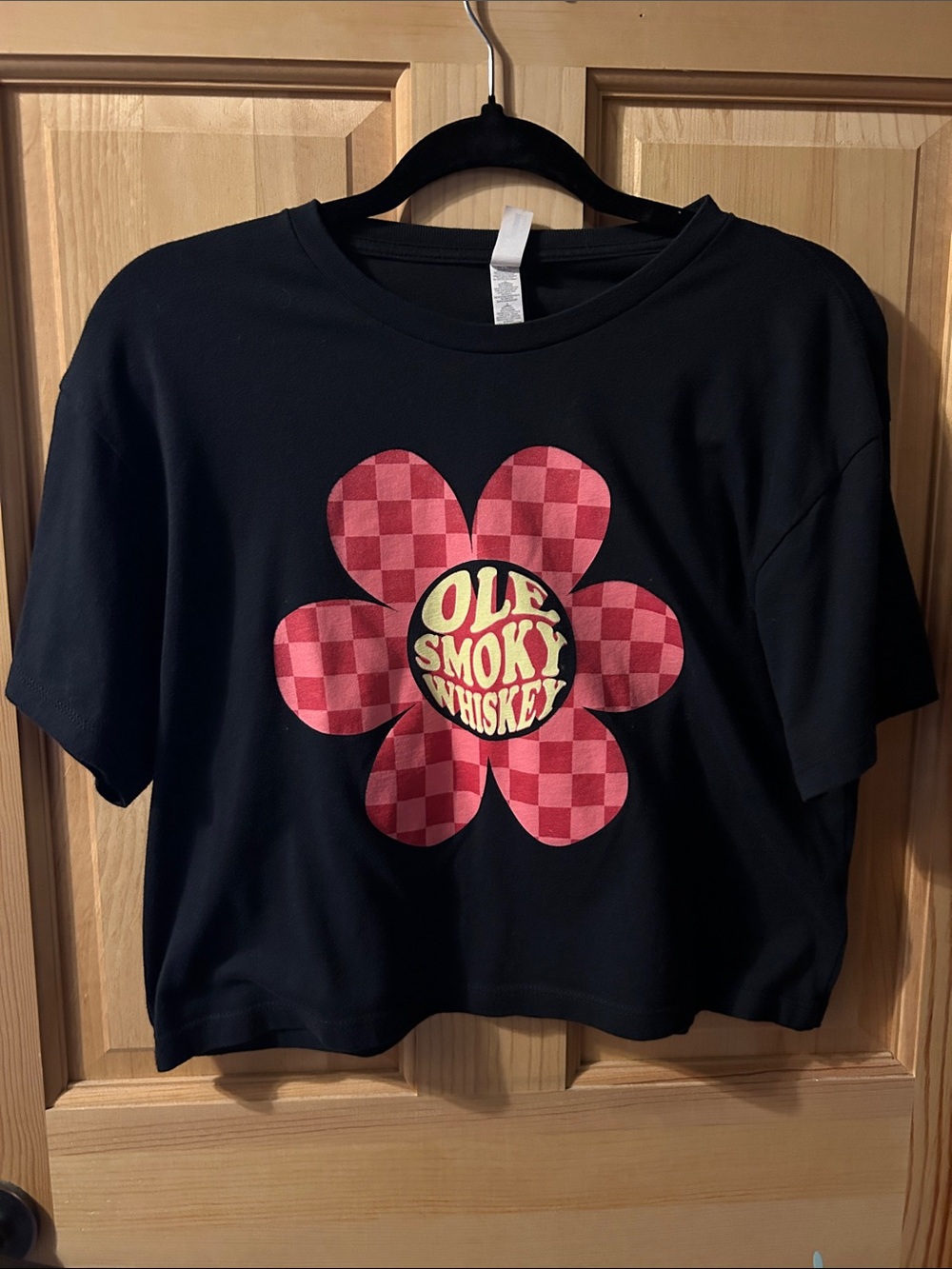 Women’s Black Tee with Red Checker Flower "Ole Smoky Whiskey" Graphic